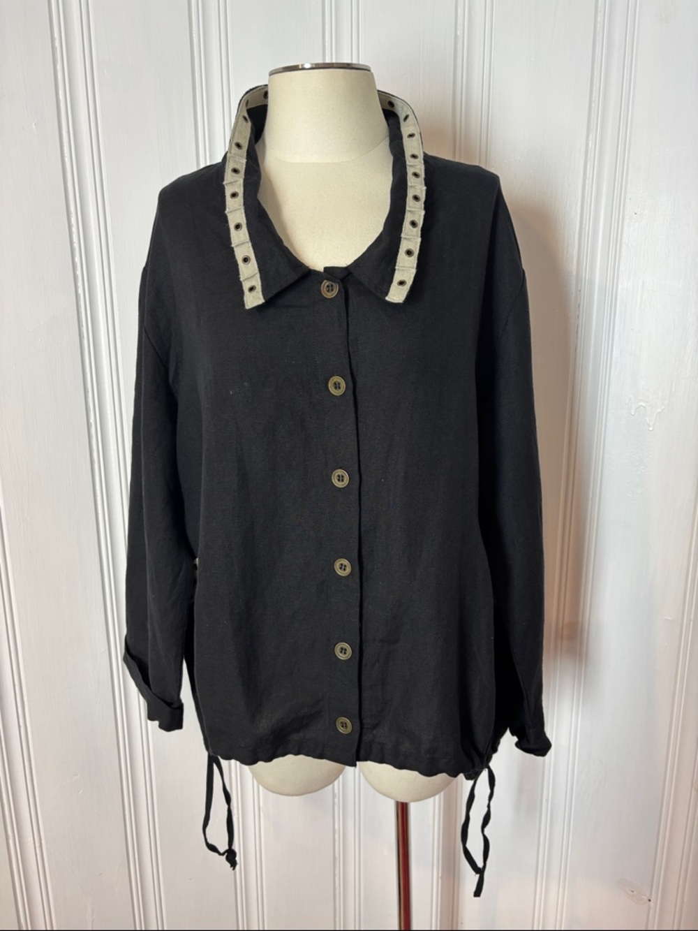 TARA VAO Black Linen Blend Oversized Boho Jacket Adjustable Balloon Hem Size L